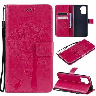 For OPPO A94 4G / F19 Pro / Reno 5F Tree & Cat Pattern Pressed Printing Horizontal Flip PU Leather Case with Holder & Card Slots & Wallet & Lanyard(Rose Red)