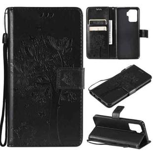 For OPPO A94 4G / F19 Pro / Reno 5F Tree & Cat Pattern Pressed Printing Horizontal Flip PU Leather Case with Holder & Card Slots & Wallet & Lanyard(Black)