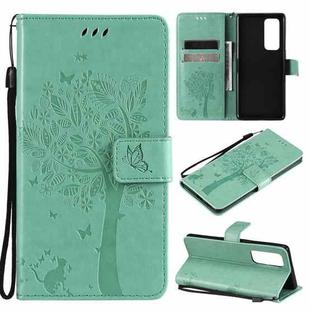 For OPPO Reno5 Pro+ 5G / Find X3 Neo Tree & Cat Pattern Pressed Printing Horizontal Flip PU Leather Case with Holder & Card Slots & Wallet & Lanyard(Green)