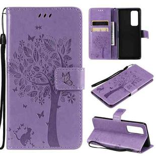 For OPPO Reno5 Pro+ 5G / Find X3 Neo Tree & Cat Pattern Pressed Printing Horizontal Flip PU Leather Case with Holder & Card Slots & Wallet & Lanyard(Light Purple)