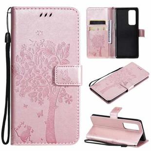 For OPPO Reno5 Pro+ 5G / Find X3 Neo Tree & Cat Pattern Pressed Printing Horizontal Flip PU Leather Case with Holder & Card Slots & Wallet & Lanyard(Rose Gold)