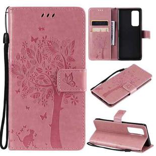 For OPPO Reno5 Pro+ 5G / Find X3 Neo Tree & Cat Pattern Pressed Printing Horizontal Flip PU Leather Case with Holder & Card Slots & Wallet & Lanyard(Pink)