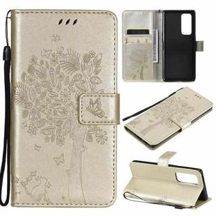 For OPPO Reno5 Pro+ 5G / Find X3 Neo Tree & Cat Pattern Pressed Printing Horizontal Flip PU Leather Case with Holder & Card Slots & Wallet & Lanyard(Gold)