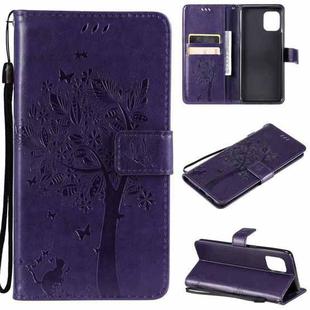 For OPPO Find X3 / X3 Pro Tree & Cat Pattern Pressed Printing Horizontal Flip PU Leather Case with Holder & Card Slots & Wallet & Lanyard(Purple)