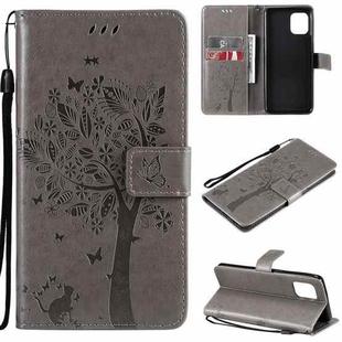 For OPPO Find X3 / X3 Pro Tree & Cat Pattern Pressed Printing Horizontal Flip PU Leather Case with Holder & Card Slots & Wallet & Lanyard(Gray)