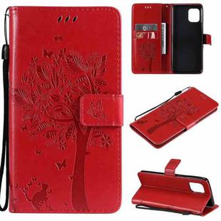 For OPPO Find X3 / X3 Pro Tree & Cat Pattern Pressed Printing Horizontal Flip PU Leather Case with Holder & Card Slots & Wallet & Lanyard(Red)