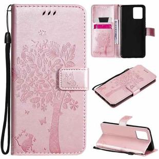 For OPPO Realme 8 4G / Realme 8 Pro 4G Tree & Cat Pattern Pressed Printing Horizontal Flip PU Leather Case with Holder & Card Slots & Wallet & Lanyard(Rose Gold)