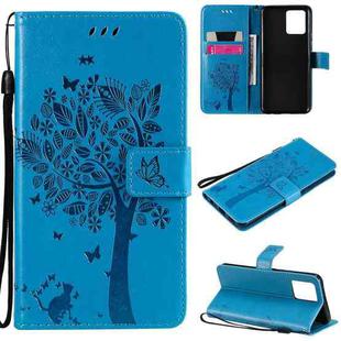 For OPPO Realme 8 4G / Realme 8 Pro 4G Tree & Cat Pattern Pressed Printing Horizontal Flip PU Leather Case with Holder & Card Slots & Wallet & Lanyard(Blue)