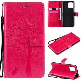 For OPPO Realme 8 4G / Realme 8 Pro 4G Tree & Cat Pattern Pressed Printing Horizontal Flip PU Leather Case with Holder & Card Slots & Wallet & Lanyard(Rose Red)