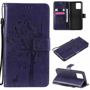 For OPPO Realme 8 4G / Realme 8 Pro 4G Tree & Cat Pattern Pressed Printing Horizontal Flip PU Leather Case with Holder & Card Slots & Wallet & Lanyard(Purple)