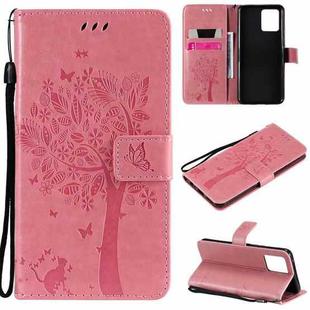 For OPPO Realme 8 4G / Realme 8 Pro 4G Tree & Cat Pattern Pressed Printing Horizontal Flip PU Leather Case with Holder & Card Slots & Wallet & Lanyard(Pink)