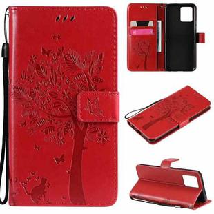 For OPPO Realme 8 4G / Realme 8 Pro 4G Tree & Cat Pattern Pressed Printing Horizontal Flip PU Leather Case with Holder & Card Slots & Wallet & Lanyard(Red)