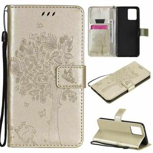 For OPPO Realme 8 4G / Realme 8 Pro 4G Tree & Cat Pattern Pressed Printing Horizontal Flip PU Leather Case with Holder & Card Slots & Wallet & Lanyard(Gold)