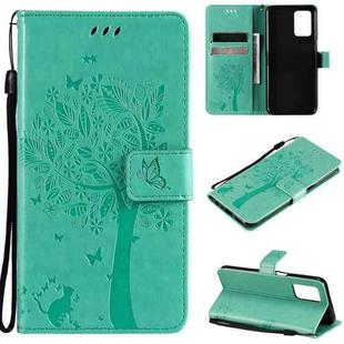 For OPPO Realme V13 5G / Realme 8 5G Tree & Cat Pattern Pressed Printing Horizontal Flip PU Leather Case with Holder & Card Slots & Wallet & Lanyard(Green)