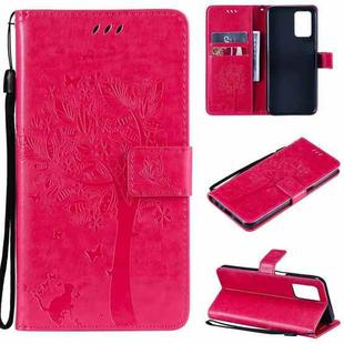 For OPPO Realme V13 5G / Realme 8 5G Tree & Cat Pattern Pressed Printing Horizontal Flip PU Leather Case with Holder & Card Slots & Wallet & Lanyard(Rose Red)