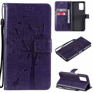 For OPPO Realme V13 5G / Realme 8 5G Tree & Cat Pattern Pressed Printing Horizontal Flip PU Leather Case with Holder & Card Slots & Wallet & Lanyard(Purple)