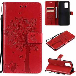 For OPPO Realme V13 5G / Realme 8 5G Tree & Cat Pattern Pressed Printing Horizontal Flip PU Leather Case with Holder & Card Slots & Wallet & Lanyard(Red)