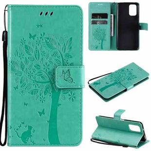 For Xiaomi Redmi Note 10 4G Tree & Cat Pattern Pressed Printing Horizontal Flip PU Leather Case with Holder & Card Slots & Wallet & Lanyard(Green)