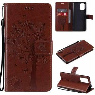 For Xiaomi Redmi Note 10 4G Tree & Cat Pattern Pressed Printing Horizontal Flip PU Leather Case with Holder & Card Slots & Wallet & Lanyard(Coffee)