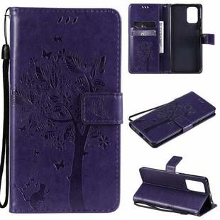 For Xiaomi Redmi Note 10 4G Tree & Cat Pattern Pressed Printing Horizontal Flip PU Leather Case with Holder & Card Slots & Wallet & Lanyard(Purple)