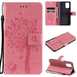 For Xiaomi Redmi Note 10 4G Tree & Cat Pattern Pressed Printing Horizontal Flip PU Leather Case with Holder & Card Slots & Wallet & Lanyard(Pink)