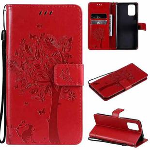 For Xiaomi Redmi Note 10 4G Tree & Cat Pattern Pressed Printing Horizontal Flip PU Leather Case with Holder & Card Slots & Wallet & Lanyard(Red)