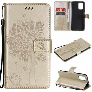 For Xiaomi Redmi Note 10 4G Tree & Cat Pattern Pressed Printing Horizontal Flip PU Leather Case with Holder & Card Slots & Wallet & Lanyard(Gold)