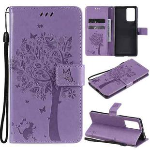 For Xiaomi Redmi Note 10 Pro Tree & Cat Pattern Pressed Printing Horizontal Flip PU Leather Case with Holder & Card Slots & Wallet & Lanyard(Light Purple)