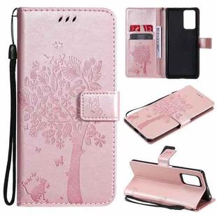 For Xiaomi Redmi Note 10 Pro Tree & Cat Pattern Pressed Printing Horizontal Flip PU Leather Case with Holder & Card Slots & Wallet & Lanyard(Rose Gold)