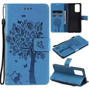 For Xiaomi Redmi Note 10 Pro Tree & Cat Pattern Pressed Printing Horizontal Flip PU Leather Case with Holder & Card Slots & Wallet & Lanyard(Blue)