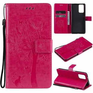 For Xiaomi Redmi Note 10 Pro Tree & Cat Pattern Pressed Printing Horizontal Flip PU Leather Case with Holder & Card Slots & Wallet & Lanyard(Rose Red)