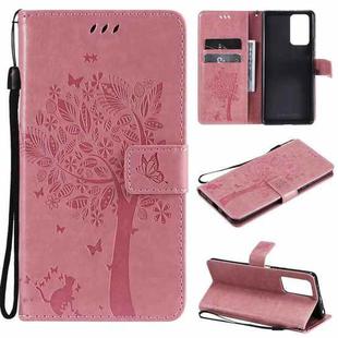 For Xiaomi Redmi Note 10 Pro Tree & Cat Pattern Pressed Printing Horizontal Flip PU Leather Case with Holder & Card Slots & Wallet & Lanyard(Pink)