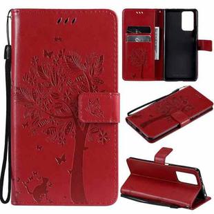 For Xiaomi Redmi Note 10 Pro Tree & Cat Pattern Pressed Printing Horizontal Flip PU Leather Case with Holder & Card Slots & Wallet & Lanyard(Red)