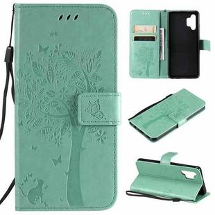 For Samsung Galaxy A32 4G Tree & Cat Pattern Pressed Printing Horizontal Flip PU Leather Case with Holder & Card Slots & Wallet & Lanyard(Green)