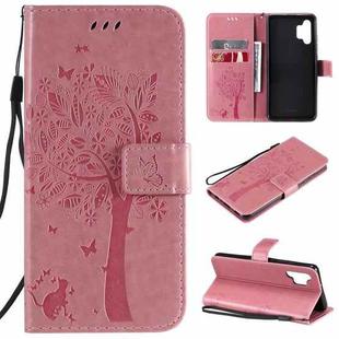 For Samsung Galaxy A32 4G Tree & Cat Pattern Pressed Printing Horizontal Flip PU Leather Case with Holder & Card Slots & Wallet & Lanyard(Pink)