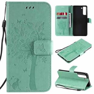 For Samsung Galaxy S21 FE Tree & Cat Pattern Pressed Printing Horizontal Flip PU Leather Case with Holder & Card Slots & Wallet & Lanyard(Green)