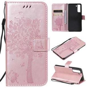 For Samsung Galaxy S21 FE Tree & Cat Pattern Pressed Printing Horizontal Flip PU Leather Case with Holder & Card Slots & Wallet & Lanyard(Rose Gold)