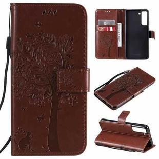 For Samsung Galaxy S21 FE Tree & Cat Pattern Pressed Printing Horizontal Flip PU Leather Case with Holder & Card Slots & Wallet & Lanyard(Coffee)