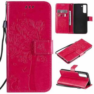 For Samsung Galaxy S21 FE Tree & Cat Pattern Pressed Printing Horizontal Flip PU Leather Case with Holder & Card Slots & Wallet & Lanyard(Rose Red)