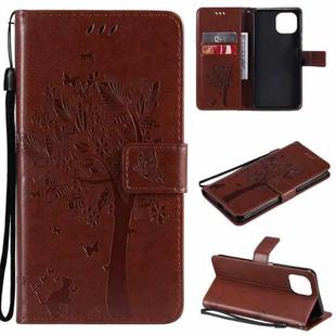 For Xiaomi Mi 11 Lite 5G Tree & Cat Pattern Pressed Printing Horizontal Flip PU Leather Case with Holder & Card Slots & Wallet & Lanyard(Coffee)