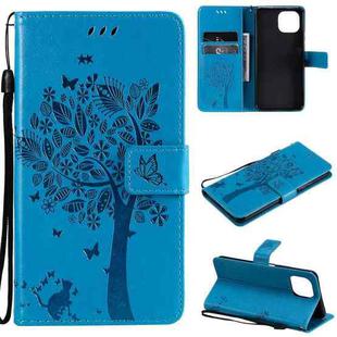 For Xiaomi Mi 11 Lite 5G Tree & Cat Pattern Pressed Printing Horizontal Flip PU Leather Case with Holder & Card Slots & Wallet & Lanyard(Blue)
