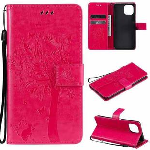 For Xiaomi Mi 11 Lite 5G Tree & Cat Pattern Pressed Printing Horizontal Flip PU Leather Case with Holder & Card Slots & Wallet & Lanyard(Rose Red)