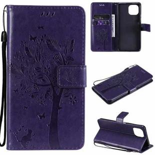 For Xiaomi Mi 11 Lite 5G Tree & Cat Pattern Pressed Printing Horizontal Flip PU Leather Case with Holder & Card Slots & Wallet & Lanyard(Purple)