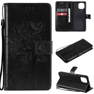 For Xiaomi Mi 11 Lite 5G Tree & Cat Pattern Pressed Printing Horizontal Flip PU Leather Case with Holder & Card Slots & Wallet & Lanyard(Black)