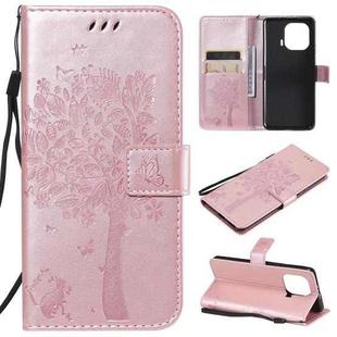 For Xiaomi Mi 11 Pro Tree & Cat Pattern Pressed Printing Horizontal Flip PU Leather Case with Holder & Card Slots & Wallet & Lanyard(Rose Gold)