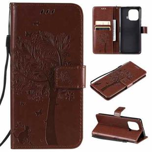 For Xiaomi Mi 11 Pro Tree & Cat Pattern Pressed Printing Horizontal Flip PU Leather Case with Holder & Card Slots & Wallet & Lanyard(Coffee)