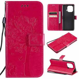 For Xiaomi Mi 11 Pro Tree & Cat Pattern Pressed Printing Horizontal Flip PU Leather Case with Holder & Card Slots & Wallet & Lanyard(Rose Red)