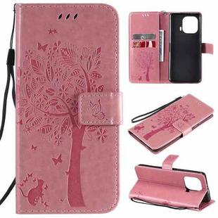 For Xiaomi Mi 11 Pro Tree & Cat Pattern Pressed Printing Horizontal Flip PU Leather Case with Holder & Card Slots & Wallet & Lanyard(Pink)