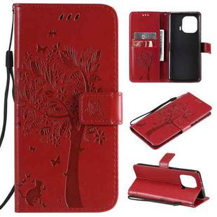 For Xiaomi Mi 11 Pro Tree & Cat Pattern Pressed Printing Horizontal Flip PU Leather Case with Holder & Card Slots & Wallet & Lanyard(Red)