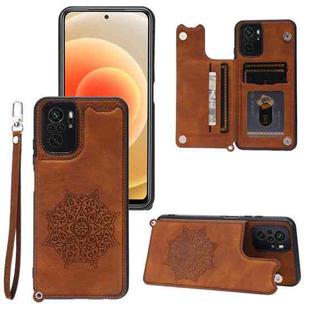 For Xiaomi Redmi Note 10 Mandala Embossed PU + TPU Case with Holder & Card Slots & Photo Frame & Strap(Brown)